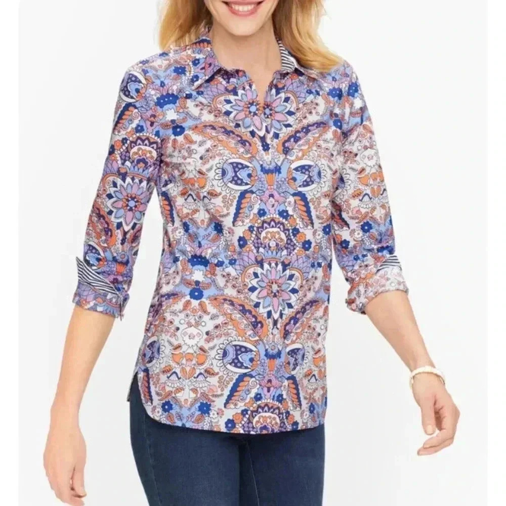 Talbots Blouse Classic Cotton Button Up Top XL Royal Palm Paisley Print Blouse